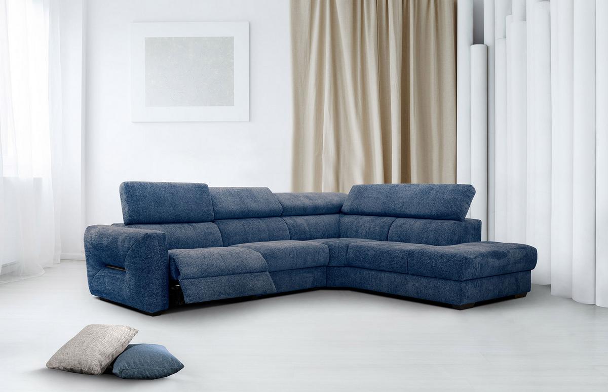ECKSOFA CALVERA 5-Sitzer mit 1 Relaxfunktion, dunkelblau - Schwarz/Dunkelblau, Holzwerkstoff/Textil (297/239cm) - Wozimo