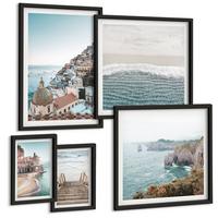 BILDER SET 5er Set - 50x50 cm & 20x30 cm & 40x60 cm Schwarzer Rahmen - Wasserfälle, Berge, Brücken, Bäume - Schwarz, Kunststoff (40/60cm) - TULUP