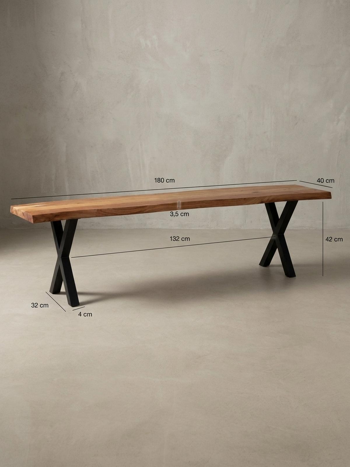 ESSZIMMERBANK Massivholz Metall Baumkante X-Beine, Akazie 180x40x46 cm - Schwarz/Braun, Holz/Metall (180/46/40cm) - KADIMA DESIGN