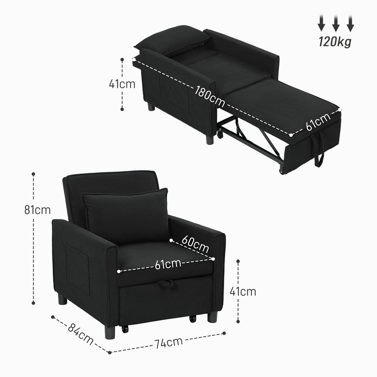 3-IN-1 Schlafsessel, Klappbett mit Bettfunktion, Lendenkissen für Wohnzimmer - Schwarz, Kunststoff (74/81/84cm) - HOMCOM