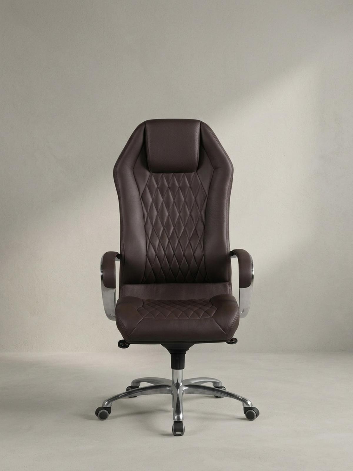 CHEFSESSEL Echtleder mit Multiblockwippmechanik, Lendenwirbelstütze und Aluminiumfußkreuz MILANO, Braun 70x67x136 cm - Silberfarben/Braun, Leder/Metall (70/136/67cm) - KADIMA DESIGN