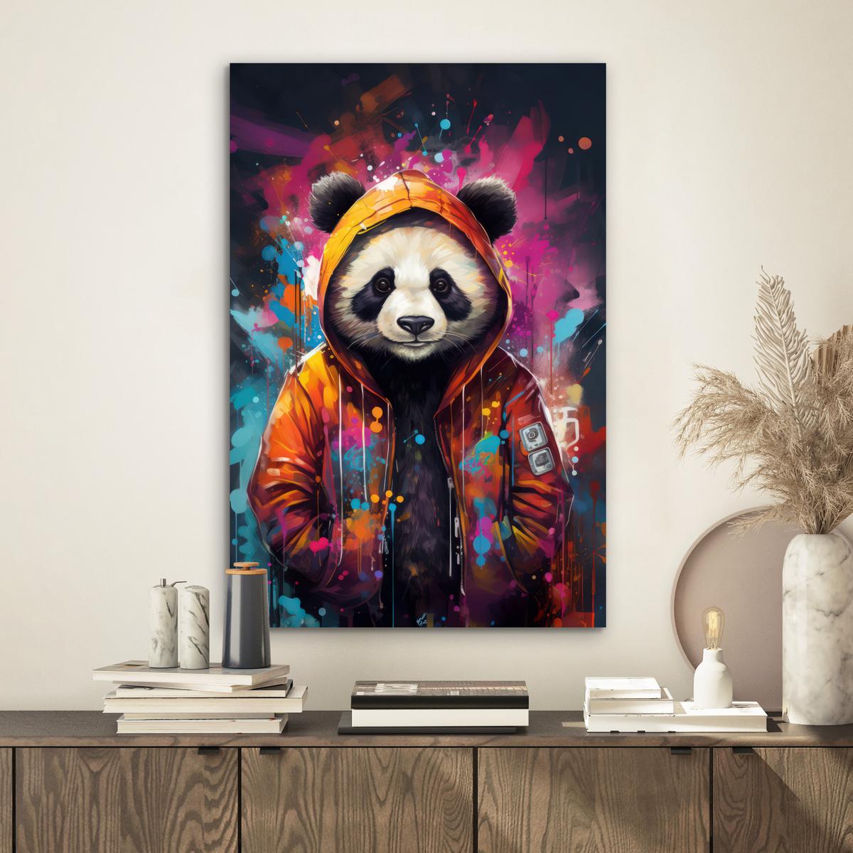 METALLBILD Panda - Jacke - Graffiti - Orange Deko Schlafzimmer 40x60 cm - Orange, Metall (40/60cm) - MuchoWow