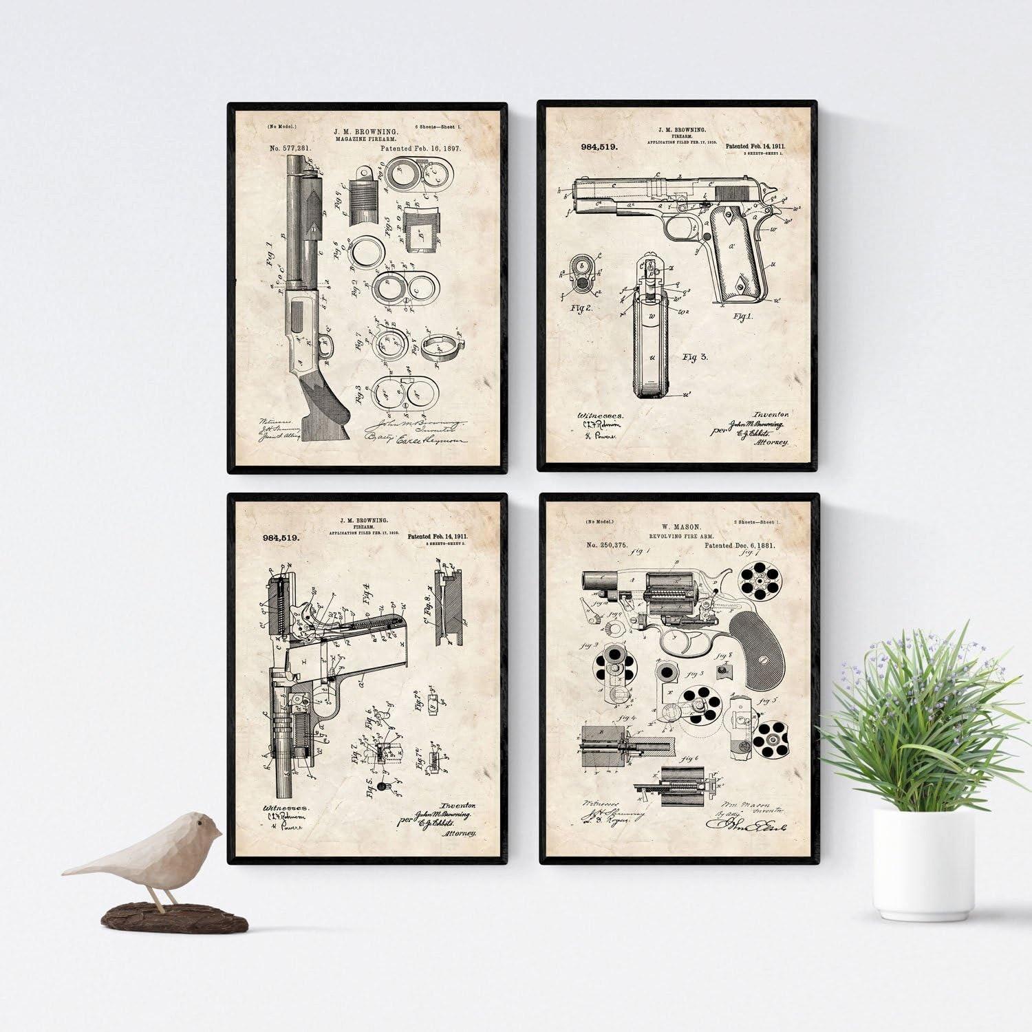 POSTER Set mit 4 Vintage Waffen Patent Größe A4 Rahmenlos - Klar, Papier (21/1cm) - Nacnic
