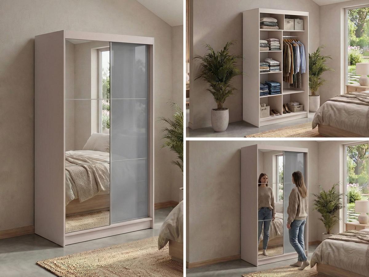 SCHWEBETÜRENSCHRANK mit Spiegel - WALENCJA - 120 - Kaschmir-Grau lacobel - Kaschmir/Alufarben, Holzwerkstoff/Metall (120/216/61cm) - MKS