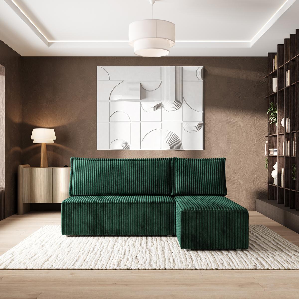 ECKSOFA BRISO T Grün Kordstoff mit Schlaffunktion - Grau/Grün, Holz/Kunststoff (200/140cm) - MASSENO