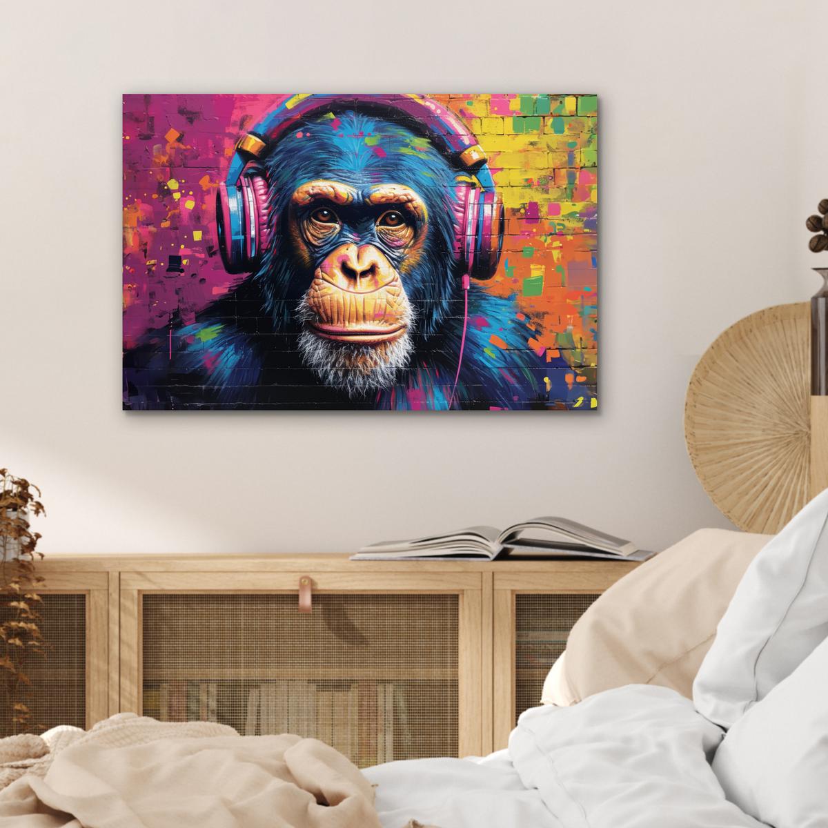 METALLBILD Graffiti - Schimpanse - Straßenkunst - Kopfhörer - Affe Wandbild 60x40 cm - Blau, Metall (60/40cm) - MuchoWow