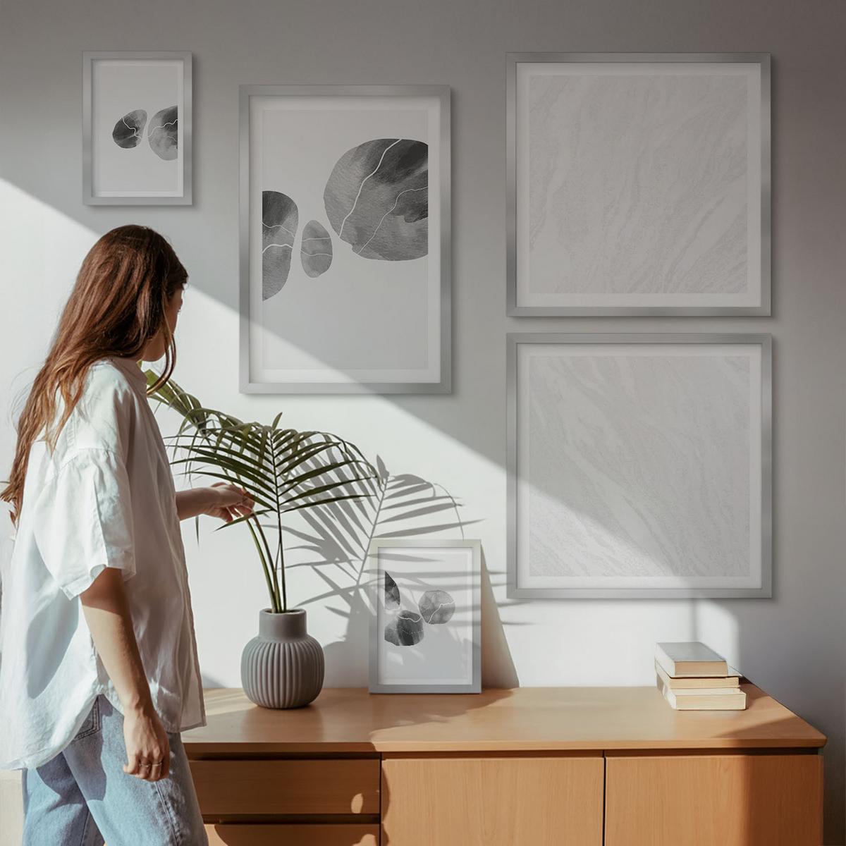 BILDER SET 5er Set - 50x50 cm & 20x30 cm & 40x60 cm Silberner Rahmen - Abstrakte Kunst, Farbspritzer - Silberfarben, Kunststoff (40/60cm) - TULUP