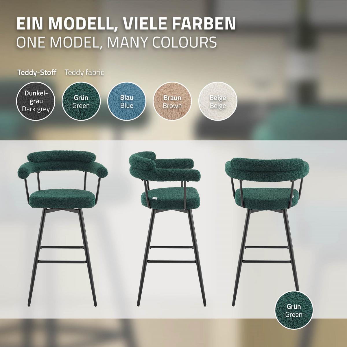 BARHOCKER 4er Set drehbar Dunkelgrün mit Teddy-Stoff 76 cm hoch - Dunkelgrün/Schwarz, Textil/Metall (61/103/55cm) - ML-DESIGN