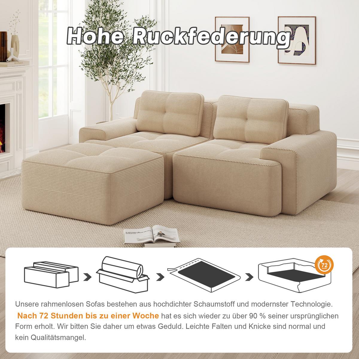 ECKSOFA Modulares Boneless Cord Sofa 2-Sitzer - Beige, Textil (204/177cm) - Urban Meuble
