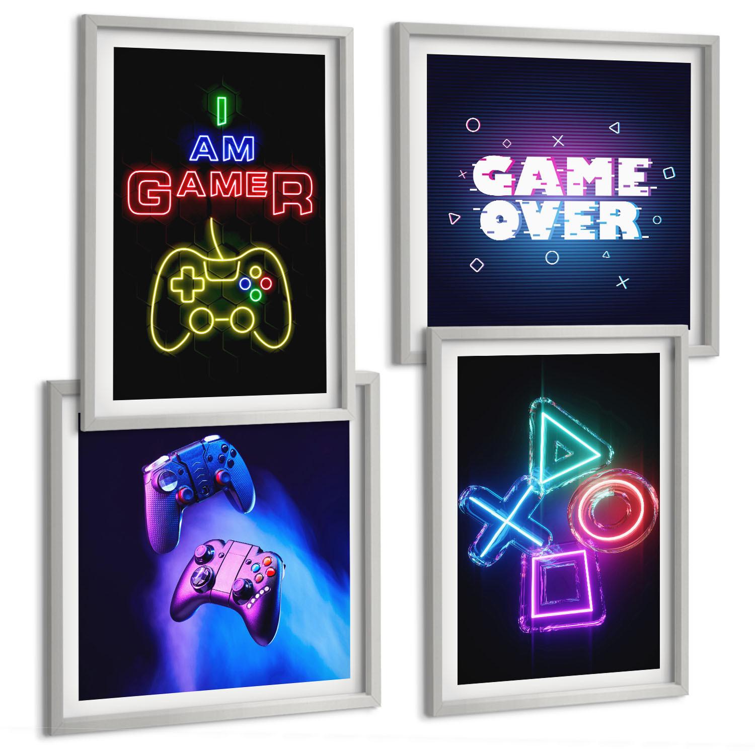 BILDER SET 4er Set - 50x50 cm & 40x60 cm Silberner Rahmen - Gamepads, Spielersymbol-Untertitel - Silberfarben, Kunststoff (50/50cm) - TULUP