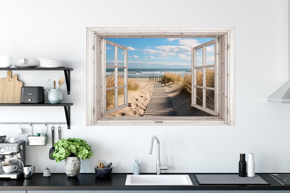 WANDTATTOO Fenster - Meer - Küste - Natur - Ausblick - Strand - Wattenmeer Wandsticker 120x80 cm - Beige, Kunststoff (120/80/0.1cm) - MuchoWow