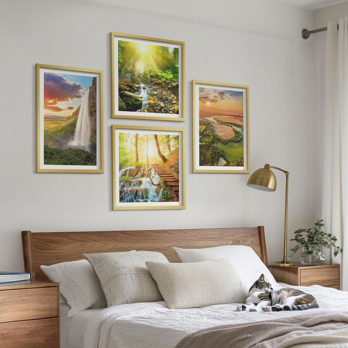 BILDER SET 4er Set - 50x50 cm & 40x60 cm Goldrahmen - Orange Mountain Wasserfall - Goldfarben, Kunststoff (50/50cm) - TULUP