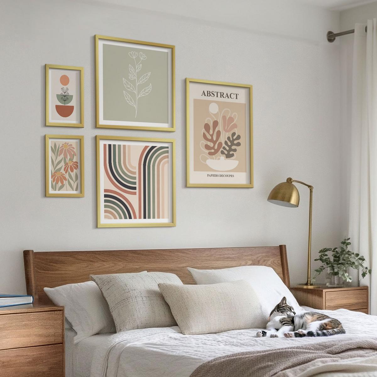 BILDER SET 5er Set - 50x50 cm & 20x30 cm & 40x60 cm Goldrahmen - Abstrakte Pastellpflanzen - Goldfarben, Kunststoff (40/60cm) - TULUP