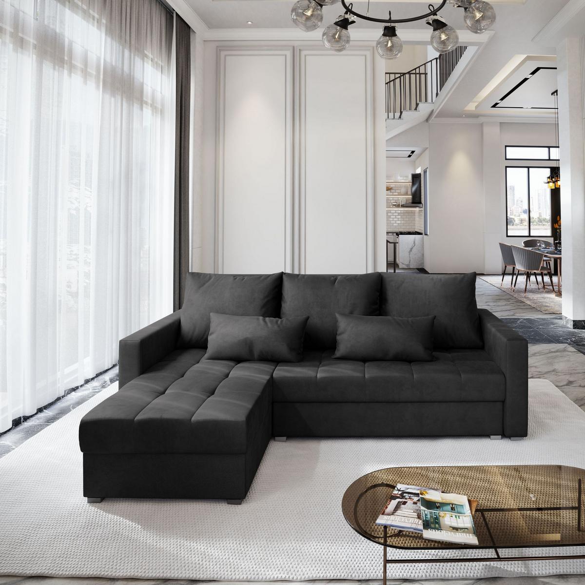 ECKSOFA KOS PIK M Schwarz Velours-Stoff mit Schlaffunktion - Schwarz/Grau, Holz/Kunststoff (220/140cm) - MASSENO