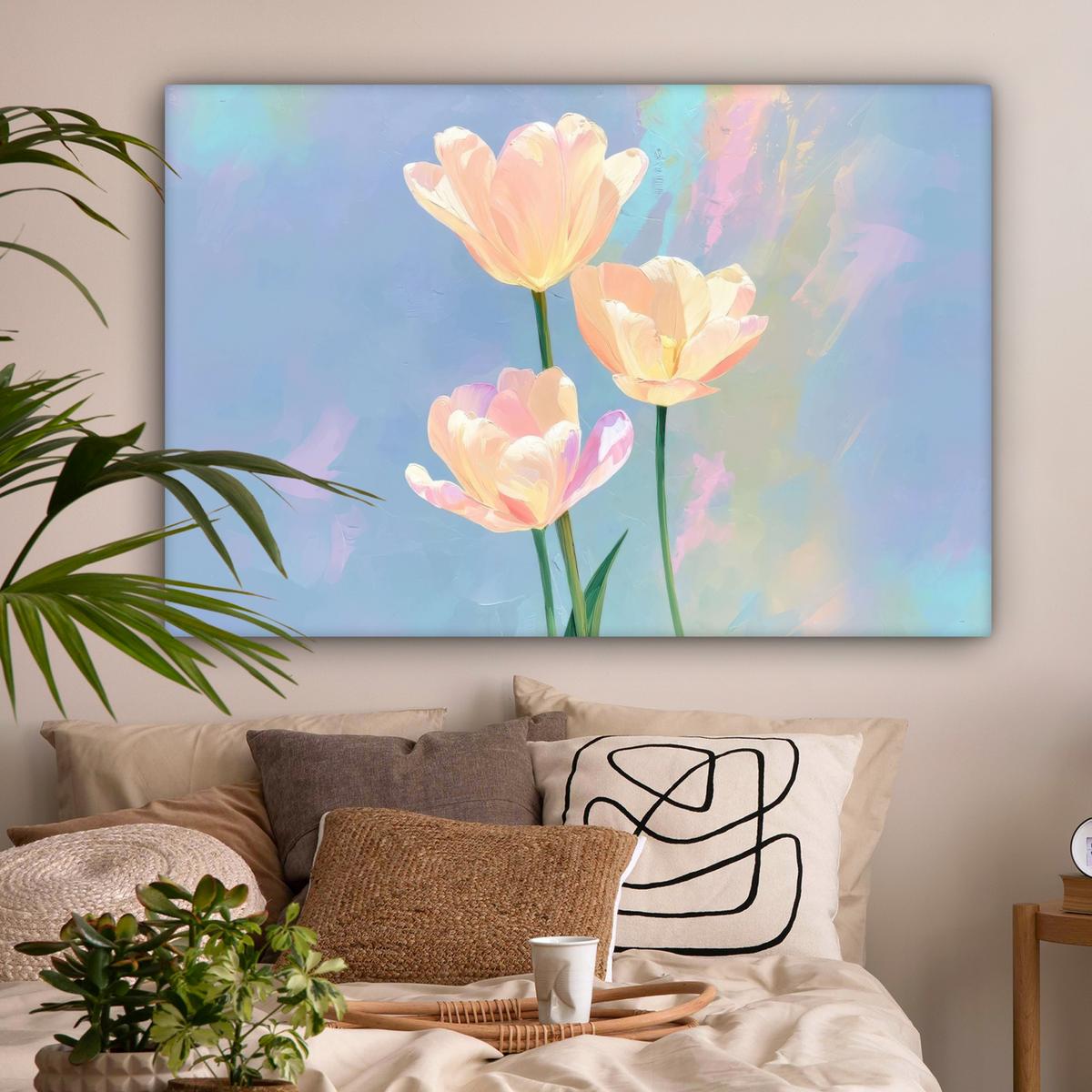 LEINWANDBILD Tulpen - Rosa Akzente - Blau Groß 140x90 cm - Pastellblau, Textil (140/90cm) - MuchoWow
