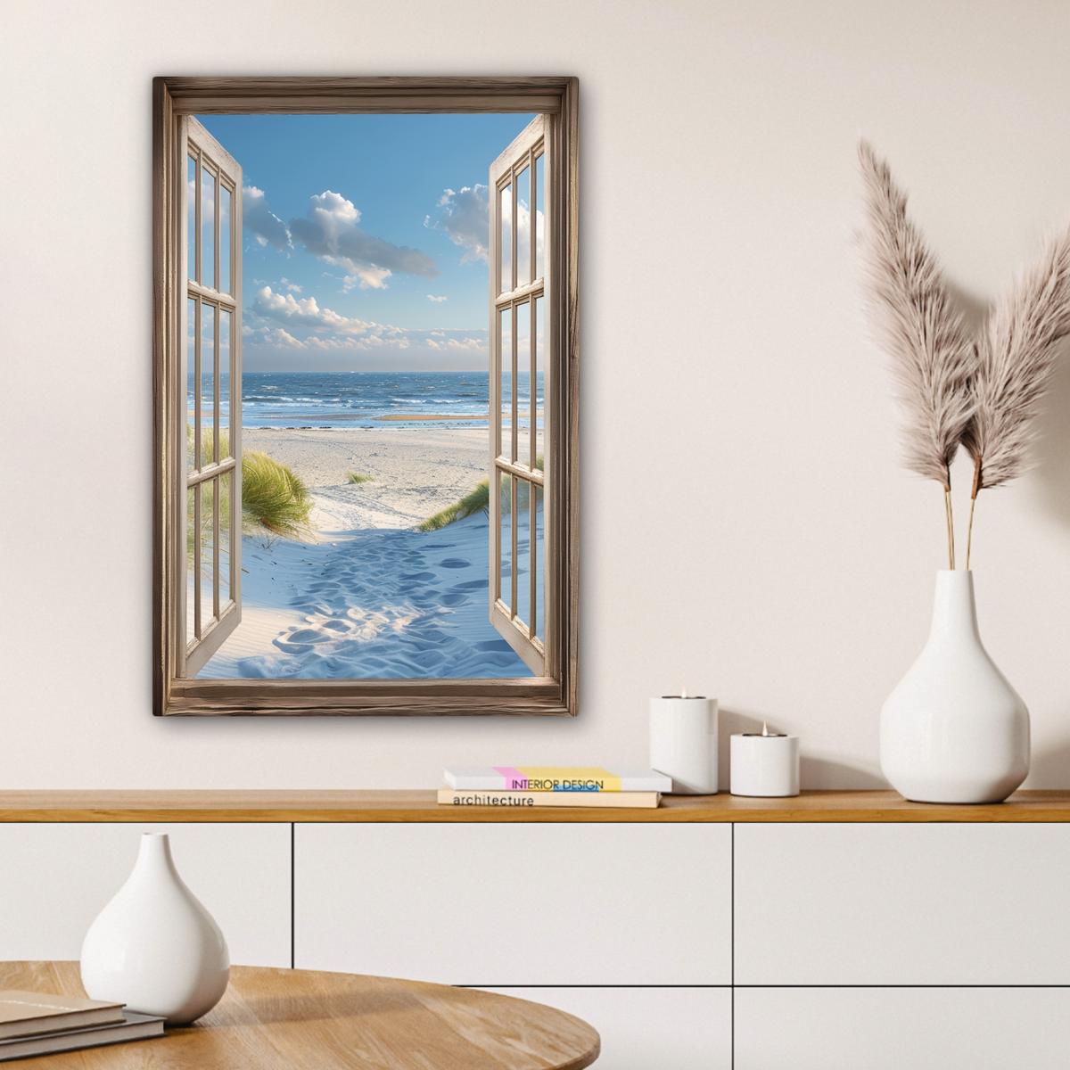 LEINWANDBILD Aussicht - Strand - Fenster - Dünen - Meer Wanddeko 40x60 cm - Hellblau, Textil (40/60cm) - MuchoWow