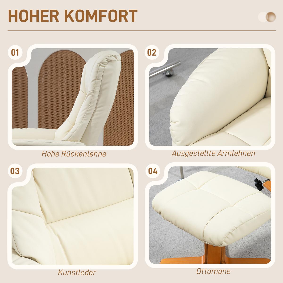 RELAXSESSEL mit Hocker, Fernsehsessel mit Liegefunktion, Wippfunktion, Schwarz - Gelb/Creme, Leder/Holz (84/102/71cm) - HOMCOM