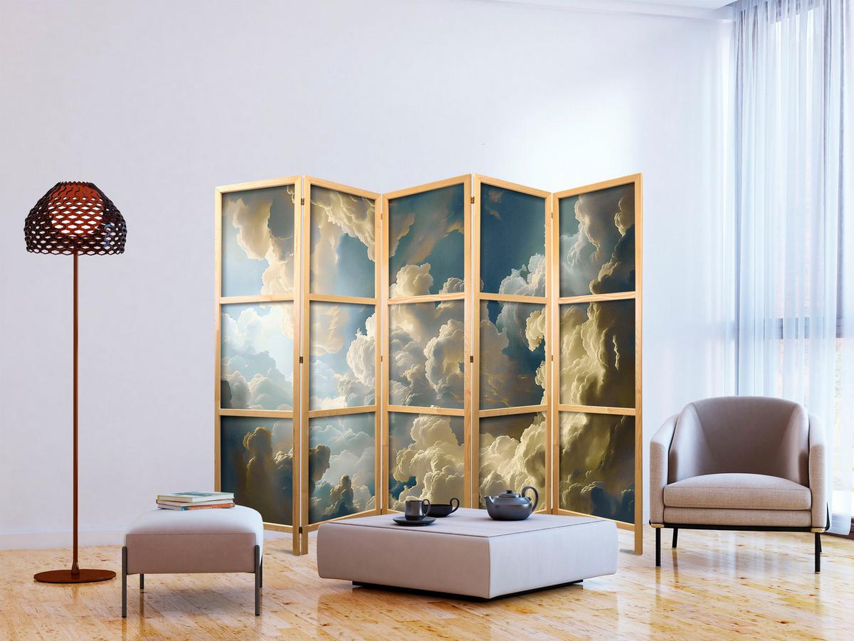 PARAVENT Japanischer 5-tlg 225x172 cm Malerische Wolken - Multicolor, Holz/Textil (225/172/3cm) - Muralo