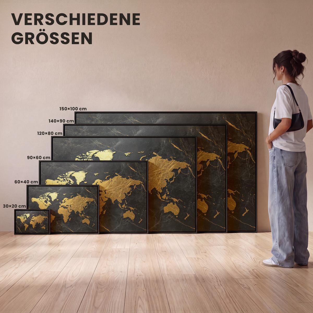 LEINWAND Bilder mit Rahmen - Weltkarte - Gold - Marmor - 140x90 - Goldfarben, Textil (140/90cm) - MuchoWow