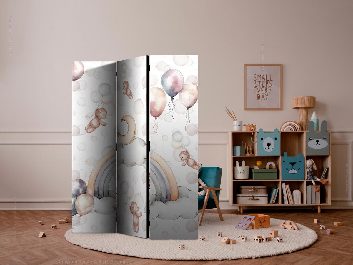 PARAVENT Akustik 3-tlg 135x172 cm Teddyb ren Regenbogen Ballons - Multicolor, Holz/Textil (135/172/3cm) - Muralo
