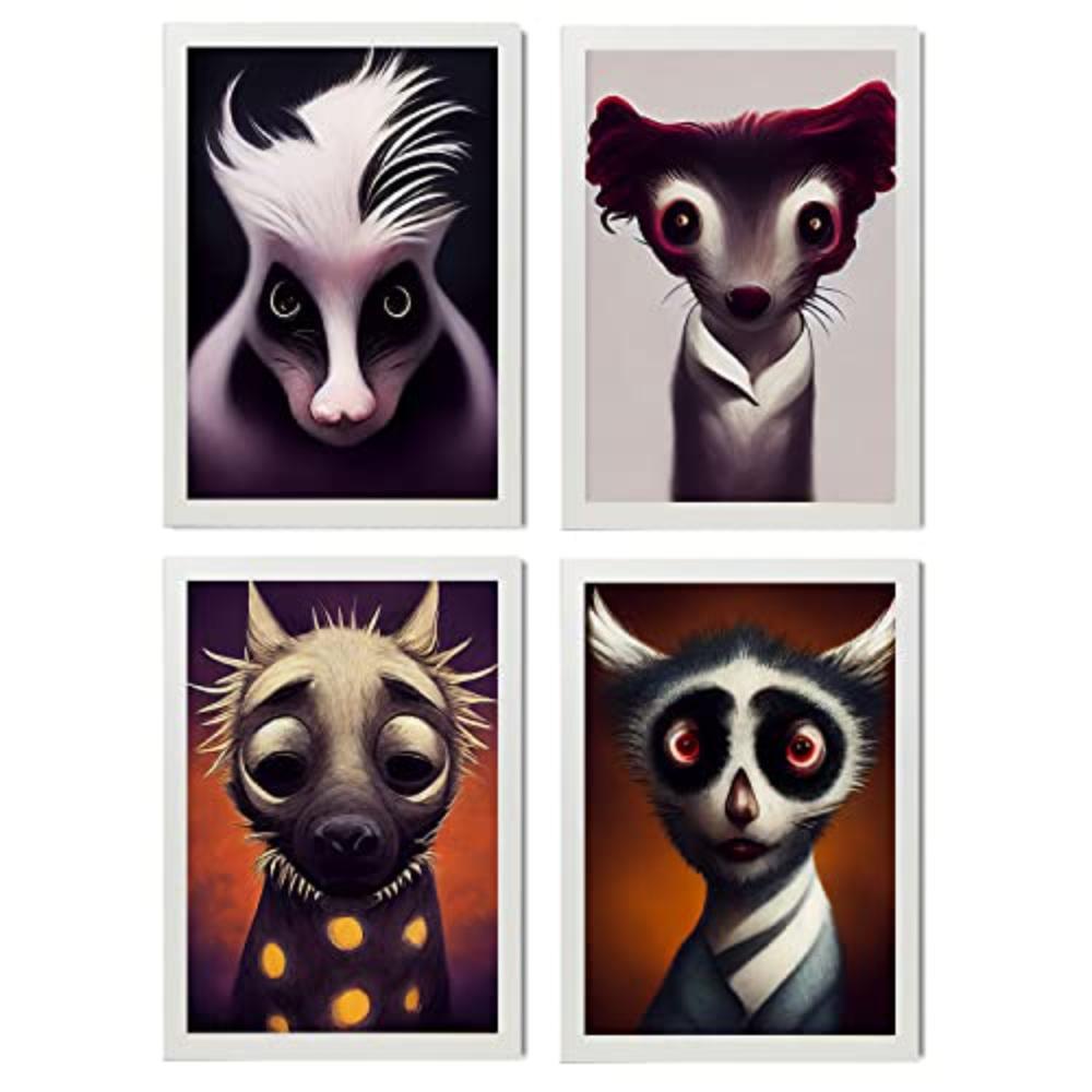 POSTER Set mit 4 Rot Tier im T Burton Goth Stil A4 Weißer Rahmen - Weiß, Papier (29.7/3cm) - Nacnic