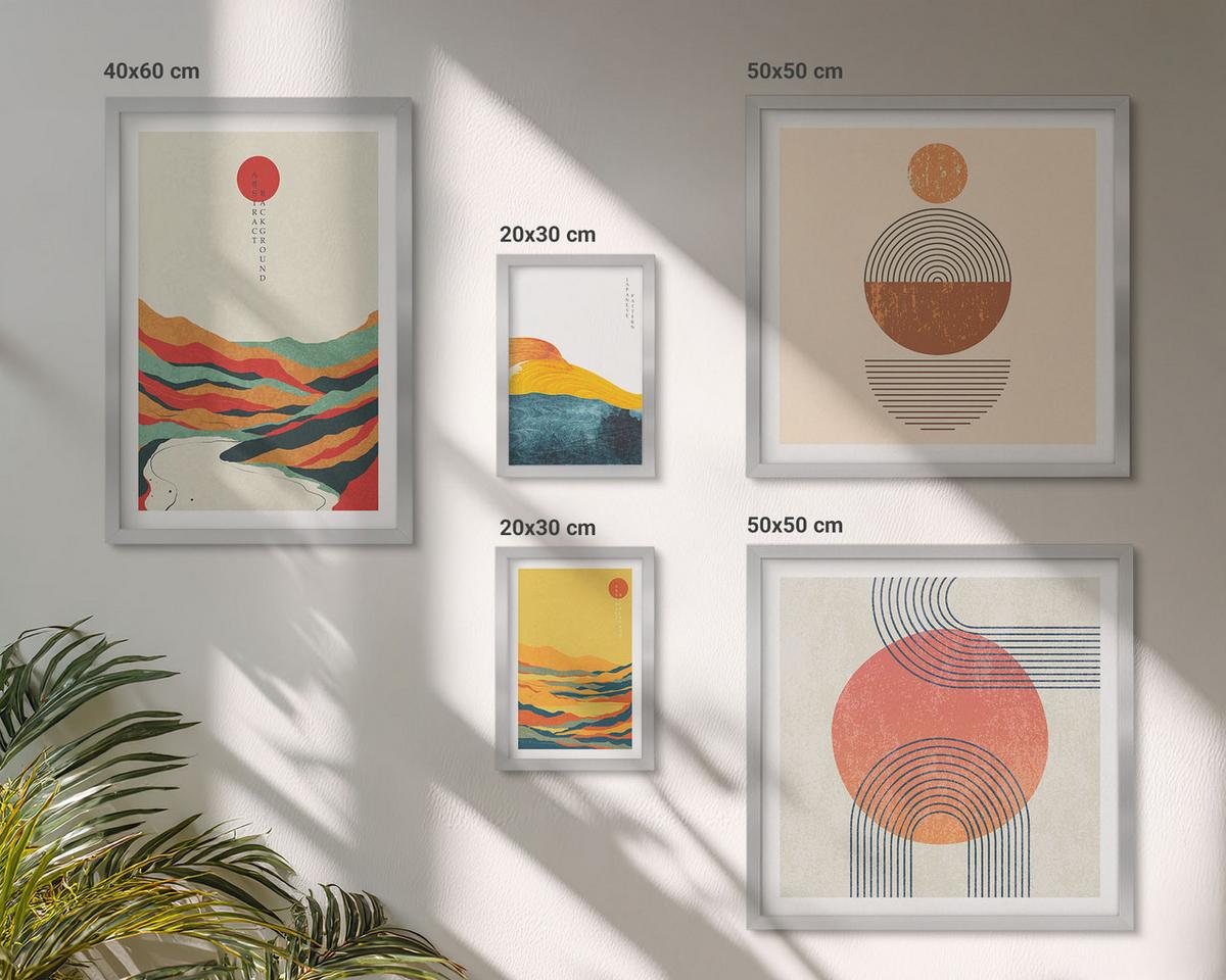 BILDER SET 5er Set - 50x50 cm & 20x30 cm & 40x60 cm Silberner Rahmen - Abstrakte Berglandschaften - Silberfarben, Kunststoff (40/60cm) - TULUP