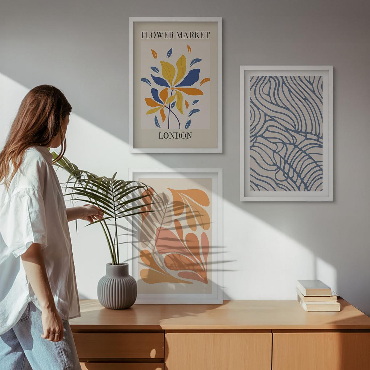 BILDER SET 3er Set - 40x60 cm Weißer Rahmen - Moderne abstrakte Blumen - Weiß, Kunststoff (40/60cm) - TULUP