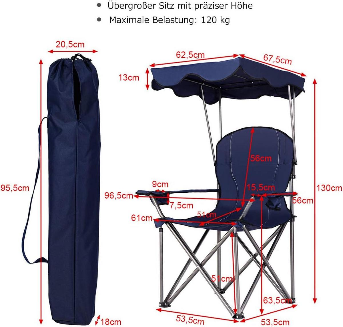 CAMPINGSTUHL mit Sonnendach Blau - Blau, Metall (97/130/68cm) - COSTWAY