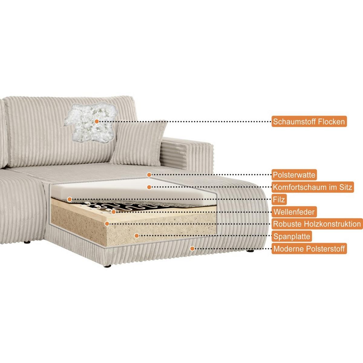 ECKSCHLAFSOFA Porto mit universelle Ottomane, Hellgrau - Hellgrau/Schwarz, Textil (288/190cm) - Beautysofa
