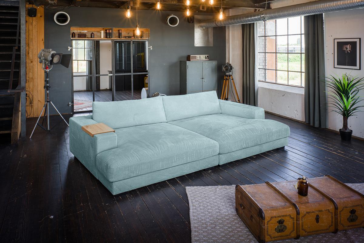 BIG SOFA XL MIT TABLETT MADELINE Hellblau Cord - Schwarz/Hellblau, Kunststoff/Textil (290/85/190cm) - KAWOLA