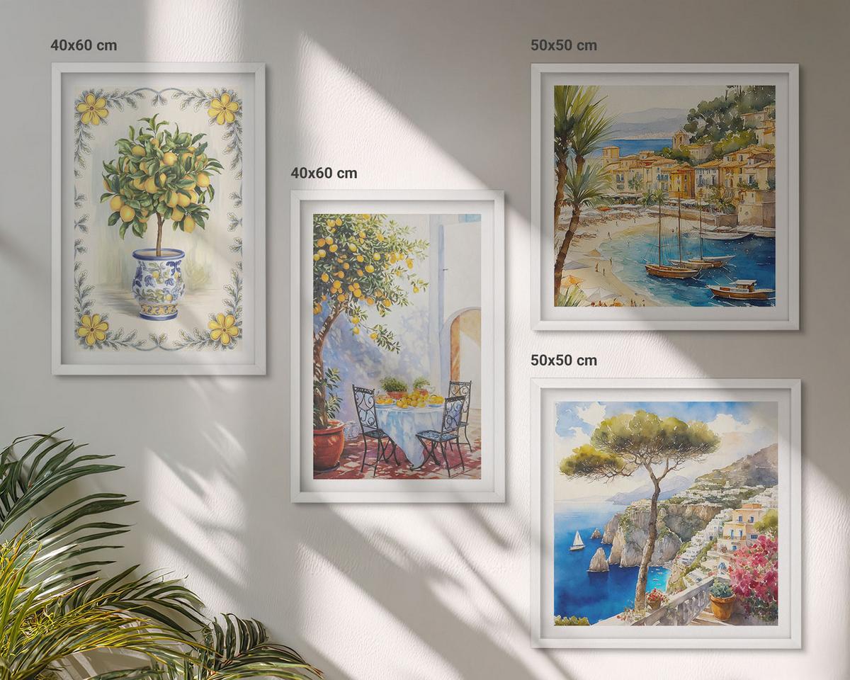 BILDER SET 4er Set - 50x50 cm & 40x60 cm Weißer Rahmen - Blick auf das Meer aus Zitronenbäumen - Weiß, Kunststoff (50/50cm) - TULUP