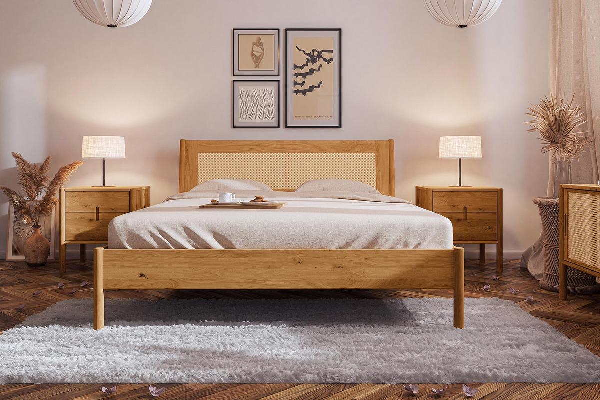 BETT MIT RATTANKOPFTEIL INA 120x210 Wildeiche - Mokka, Holz (120/210cm) - byoak