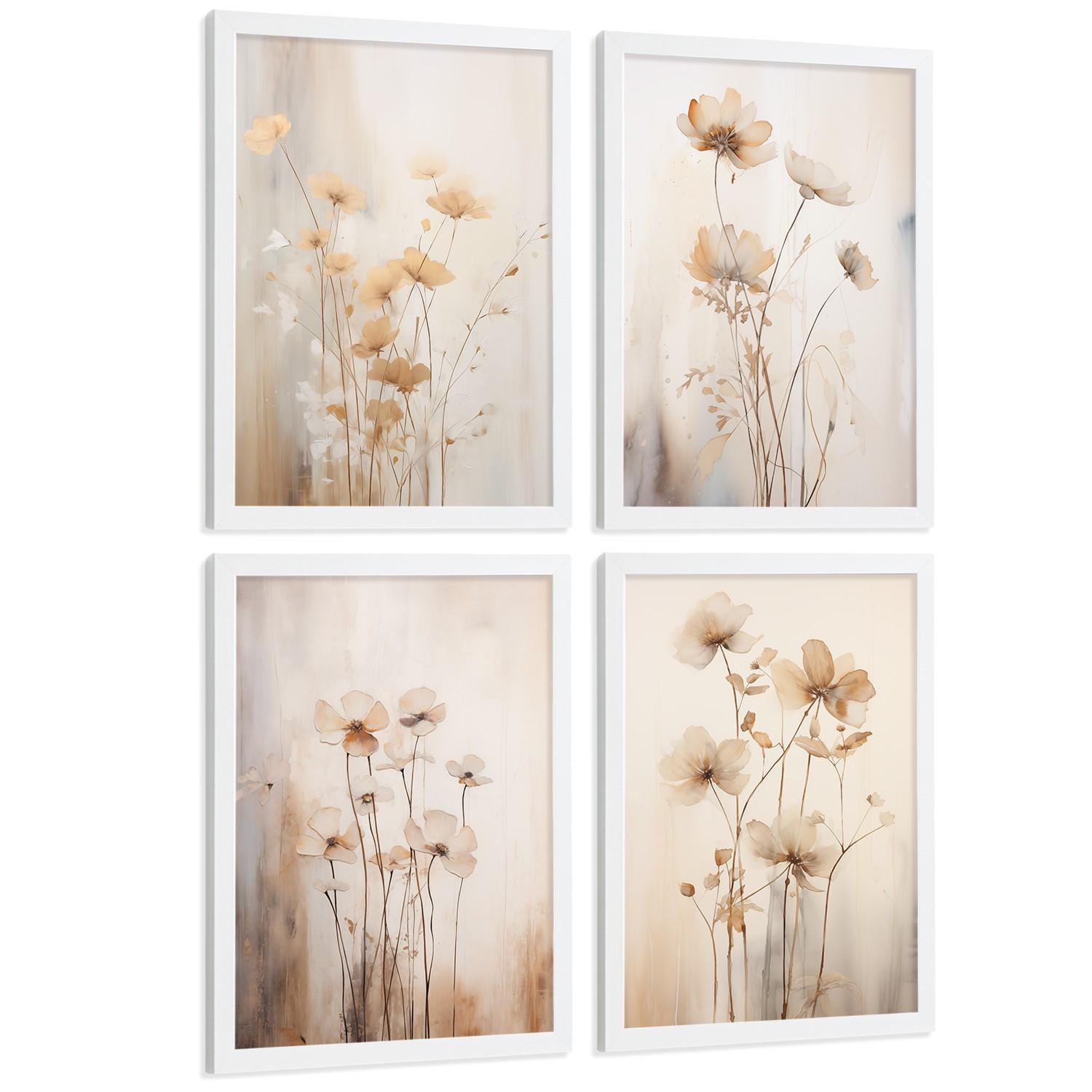 POSTER 4er-Set Wandbilder Blumen Vintage modern Wohnzimmer Deko, Schlafzimmer, Küche, Badezimmer Rahmenlos A3 - Weiß, Papier (29.7/1/42cm) - Nacnic