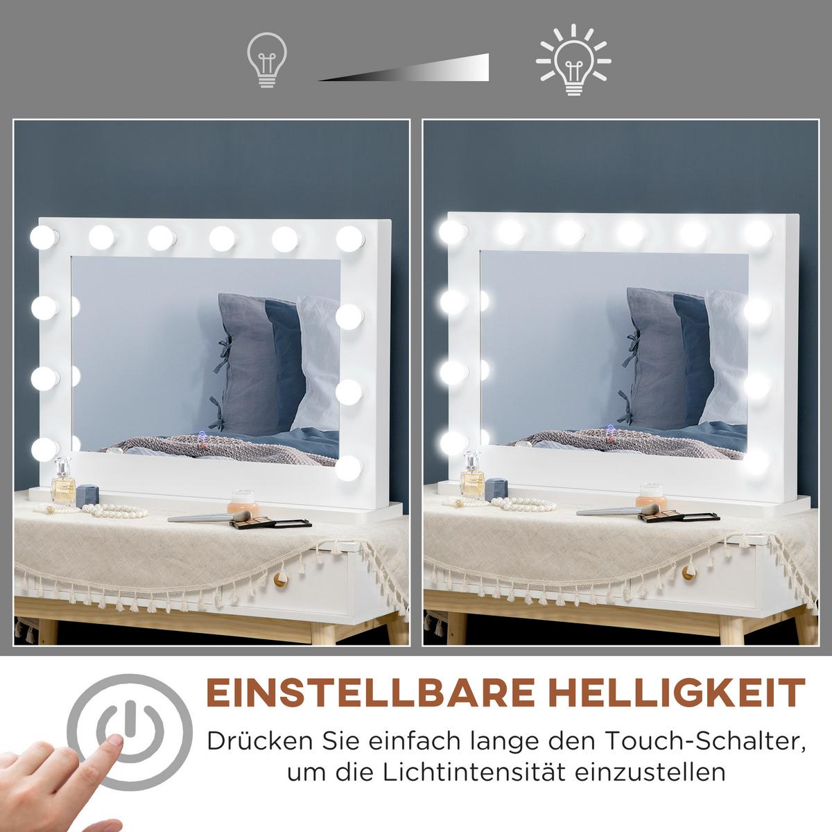 HOLLYWOOD Spiegel 80 x 60 cm Schminkspiegel mit LED-Beleuchtung, Touchschalter - Weiß, Metall (80/60/20cm) - HOMCOM