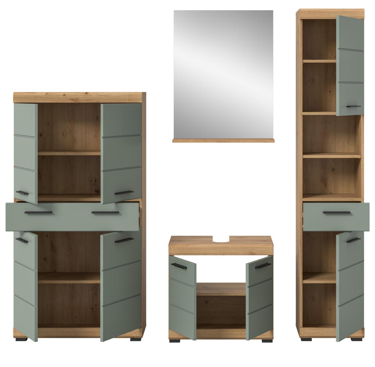 BADMÖBEL-SET Salbei grün, Eiche Artisan 4-teilig 200 cm, Komplettset mit viel Stauraum - Salbeigrün/Schwarz, Glas/Holzwerkstoff (186/191/34cm) - Inn.Furn