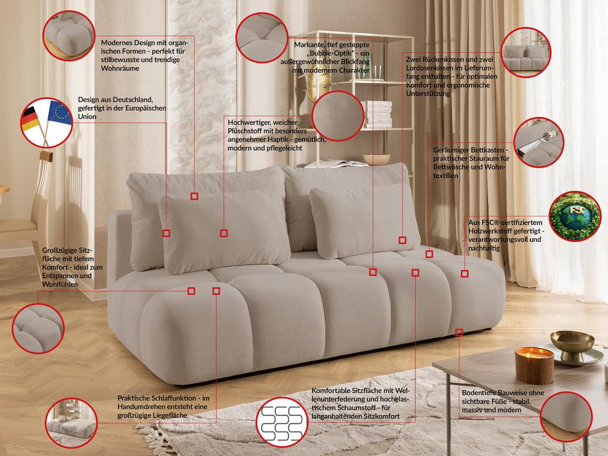 SCHLAFSOFA Belluno aus hochwertigem Dunkelbeige Plüschstoff mit Bettkasten und tiefen Steppungen in Bubble-Optik - Schwarz/Cappuccino, Holz/Kunststoff (205/87/105cm) - S-Style