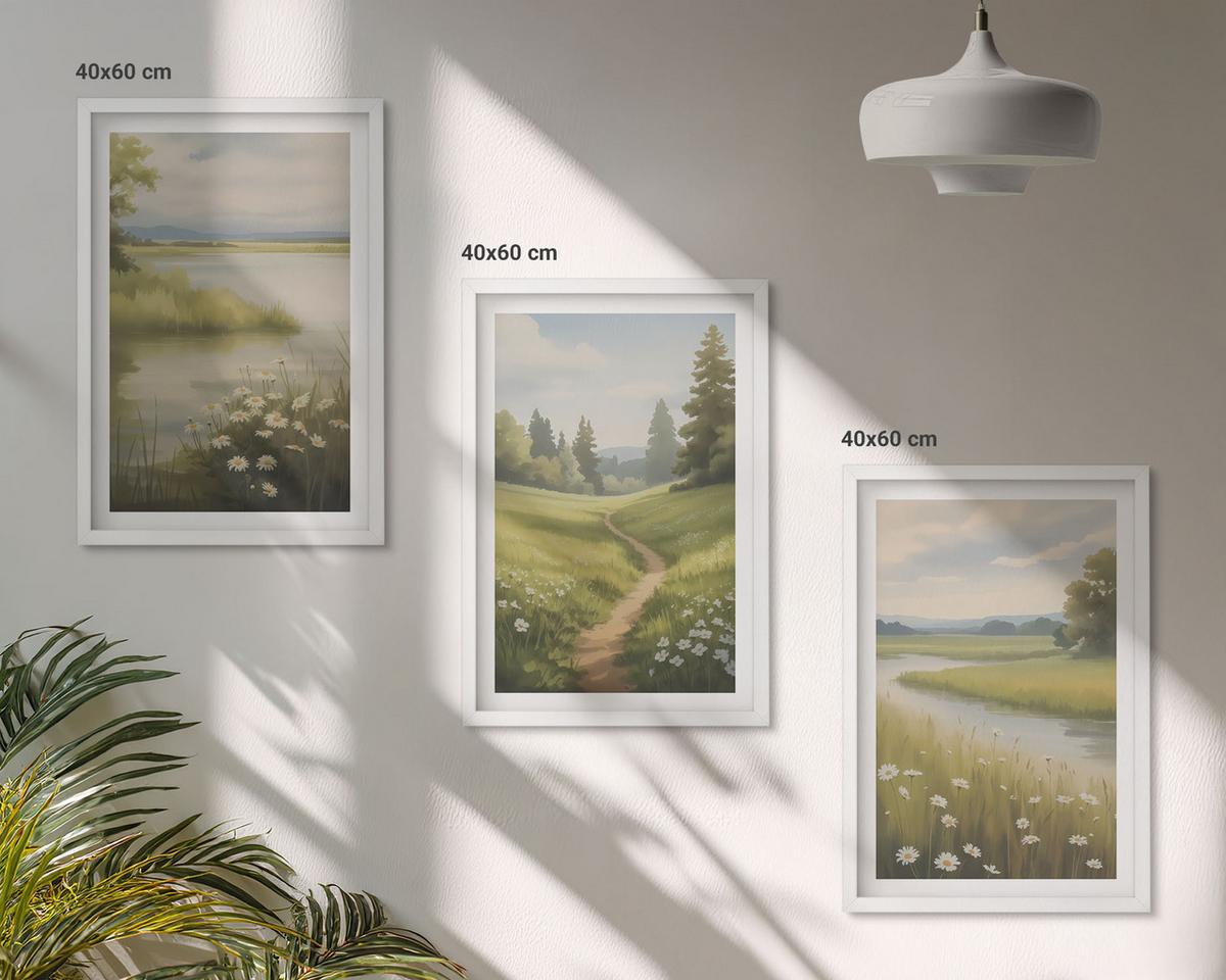 BILDER SET 3er Set - 40x60 cm Weißer Rahmen - Frühlingslandschaft Flusswiese - Weiß, Kunststoff (40/60cm) - TULUP