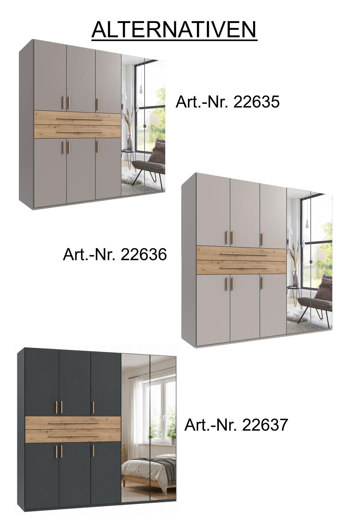DREHTÜRENSCHRANK B225/H208/T58 cm in Grafit, Kleiderschrank mit 2 Spiegeltüren, 2 großen Schubkästen & Griffen in Eiche Artisan Dekor / 22637 - Graphitfarben/Eiche Artisan, Holzwerkstoff/Kunststoff (225/208/58cm) - luma-home