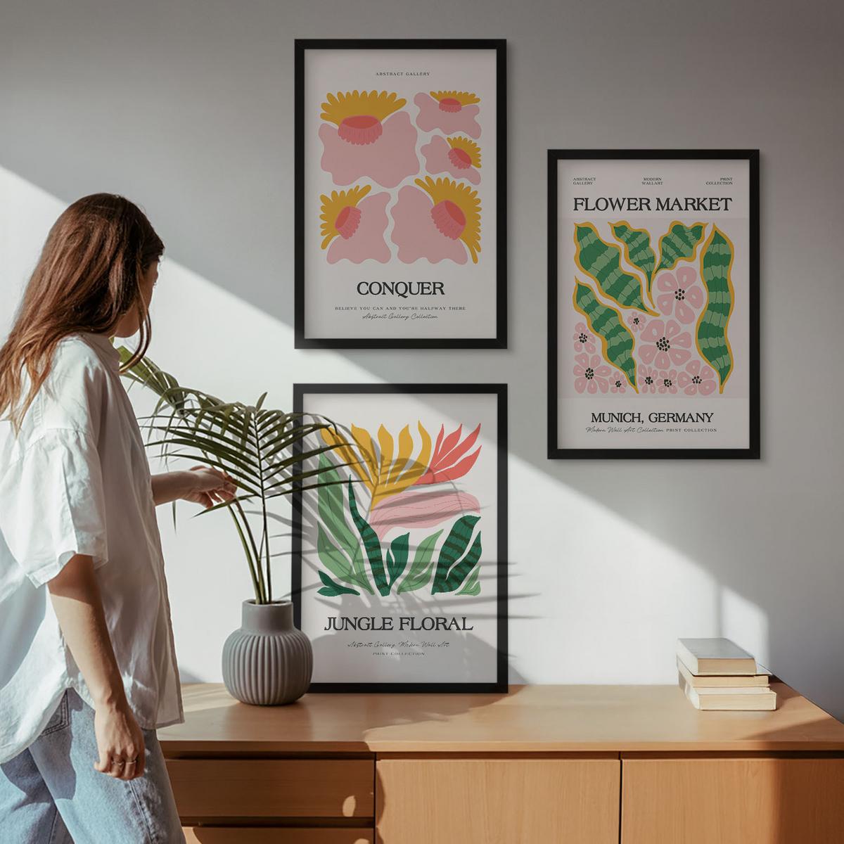 BILDER SET 3er Set - 40x60 cm Schwarzer Rahmen - Blumen und Blätter – moderne Poster - Schwarz, Kunststoff (40/60cm) - TULUP