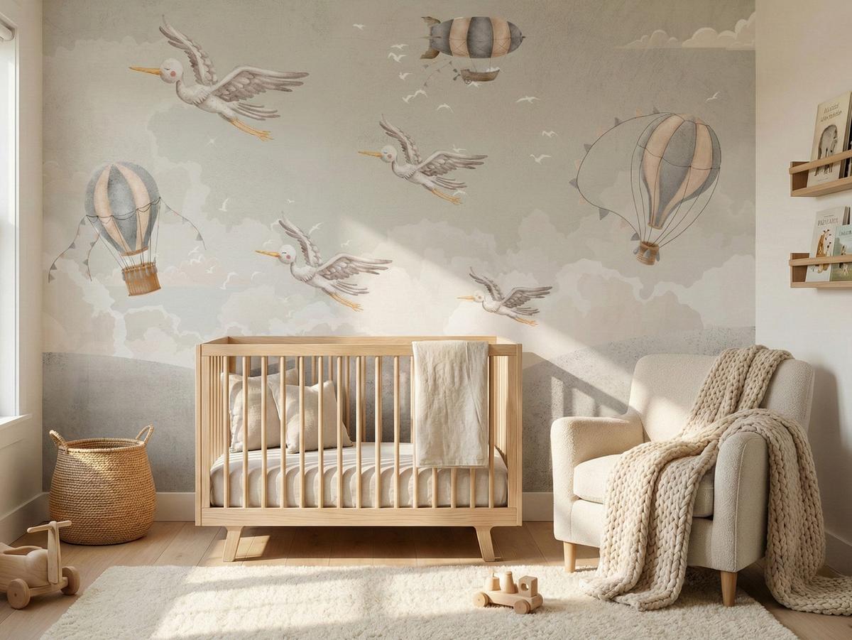 FOTOTAPETE für Kinderzimmer Boho Störche Aquarell Balon Luftschiff Himmel 300x210 - Beige/Weiß, Papier (300/210cm) - Muralo