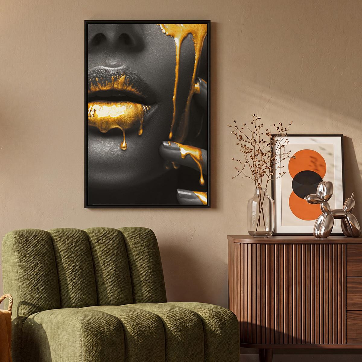 LEINWAND Bilder mit Rahmen - Frau - Schwarz - Gold - Gesicht - Lippen - 60x90 - Goldfarben, Textil (60/90cm) - MuchoWow