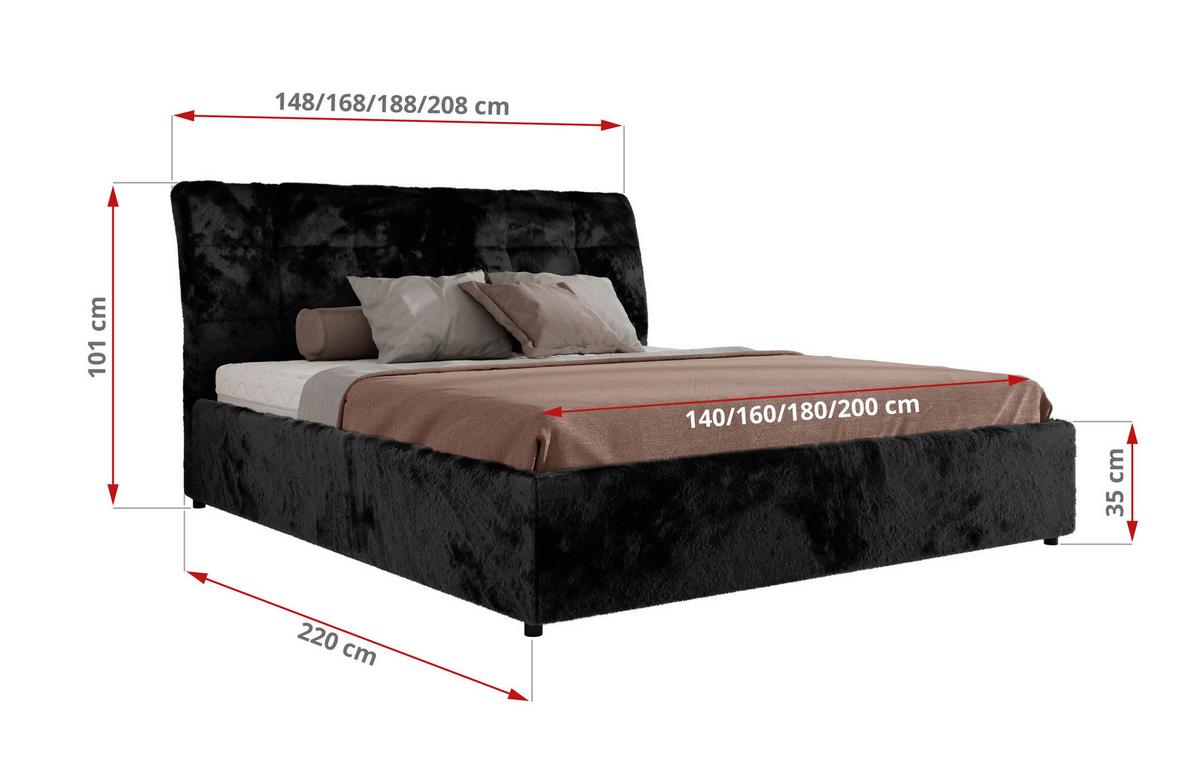 POLSTERBETT GALA CLASSIC 180/200 - Schwarz Plüsch - Multipocket-Matratze - Schwarz, Textil (180/200cm) - MKS