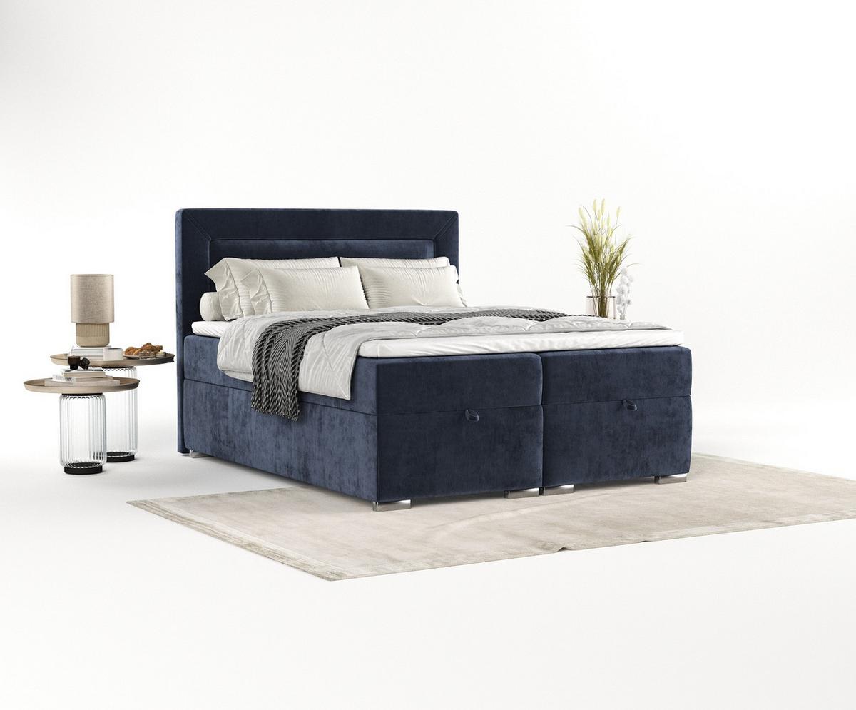 BOXBETT Lontano 140/200 cm Marineblau im Lotta Stoff - Chromfarben/Dunkelblau, Holz/Holzwerkstoff (140/200cm) - AltaBeds
