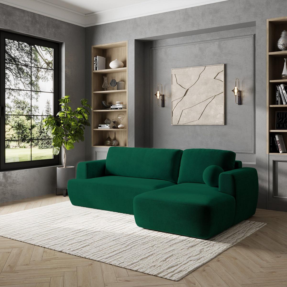 ECKSOFA SENTI K R-S Grün Plüsch-Stoff mit Schlaffunktion - Schwarz/Grün, Holz/Kunststoff (246/148cm) - MASSENO