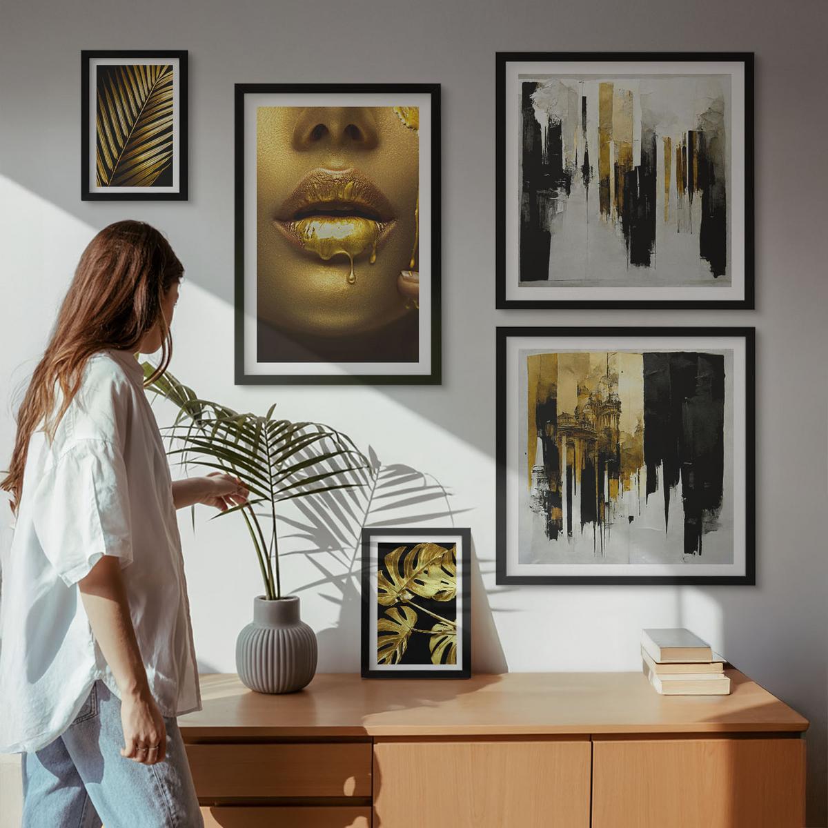 BILDER SET 5er Set - 50x50 cm & 20x30 cm & 40x60 cm Schwarzer Rahmen - Sonnenuntergangsbrücke Landschaft - Schwarz, Kunststoff (40/60cm) - TULUP
