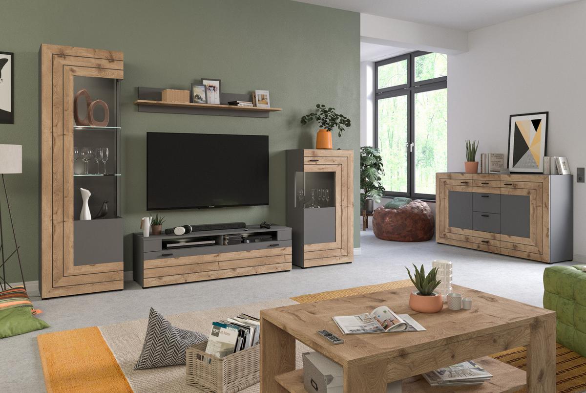 TV-LOWBOARD Eiche, grau matt 140 cm, TV Unterteil mit 4 Fächern - Eichefarben/Schwarz, Holzwerkstoff/Kunststoff (140/43/40cm) - Inn.Furn