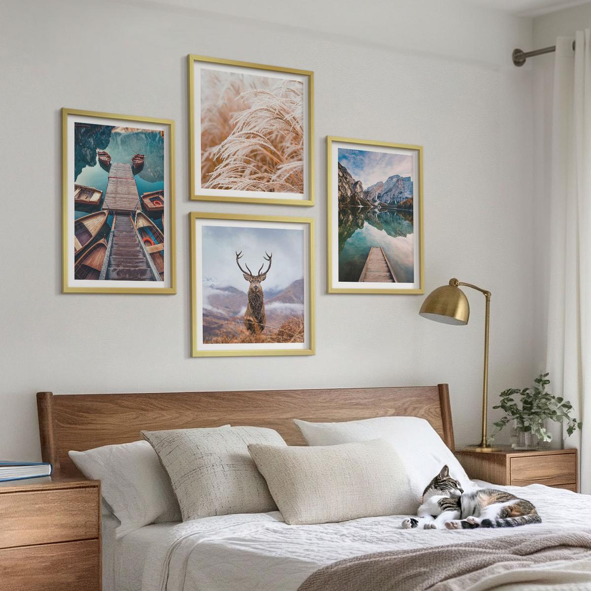 BILDER SET 4er Set - 50x50 cm & 40x60 cm Goldrahmen - Seeboote Hirsche Berge - Goldfarben, Kunststoff (50/50cm) - TULUP