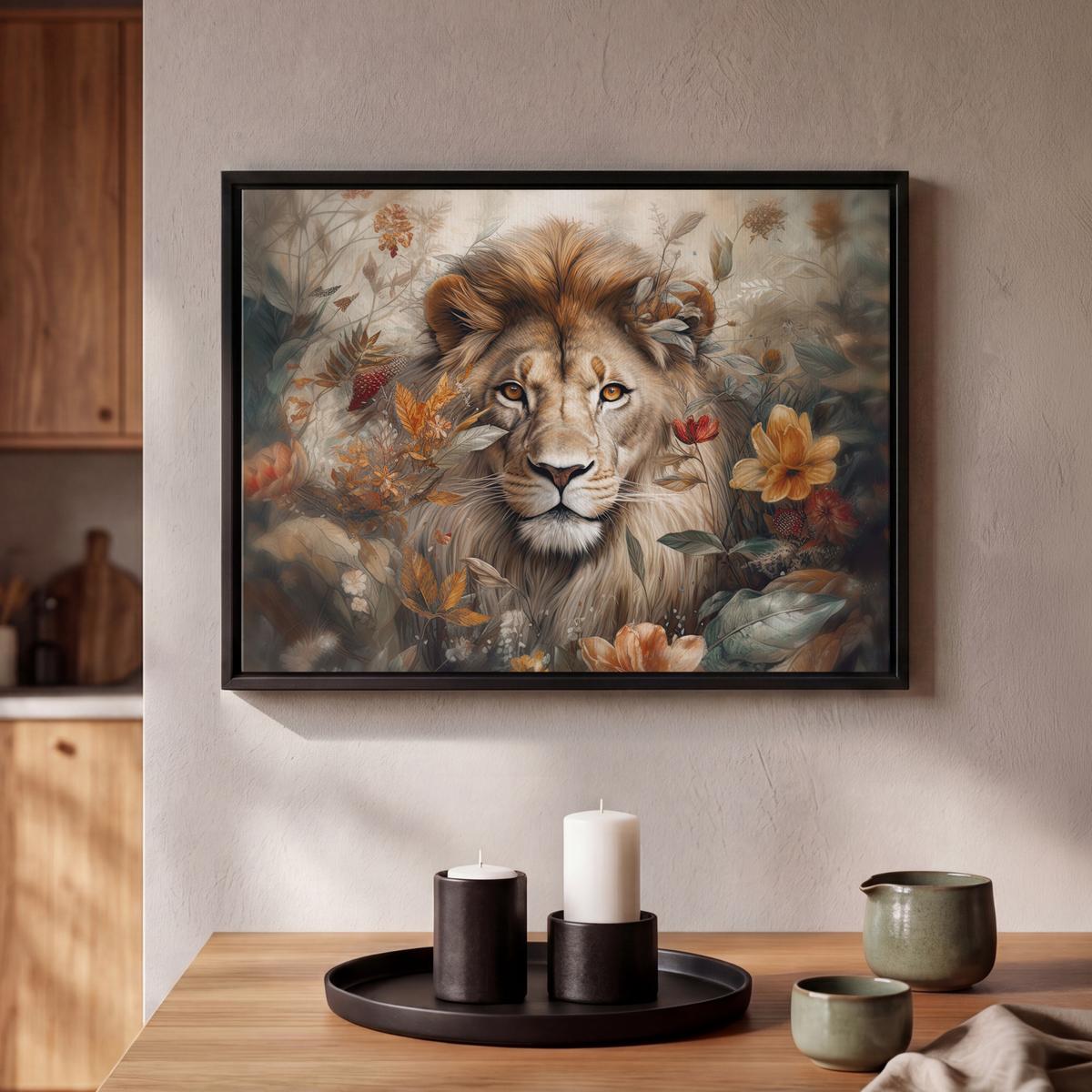 LEINWAND Bilder mit Rahmen - Löwe - Wildtiere - Pflanzen - Natur - Blumen - 40x30 - Beige, Textil (40/30cm) - MuchoWow