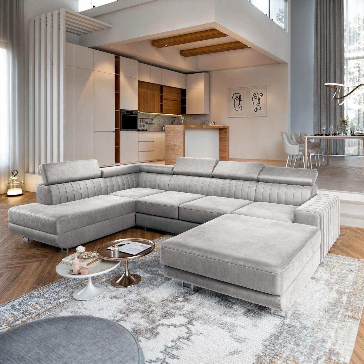WOHNLANDSCHAFT SIENA L-S Hellgrau Velours-Stoff mit Schlaffunktion - Silberfarben/Hellgrau, Holz/Textil (335/89/190cm) - MASSENO