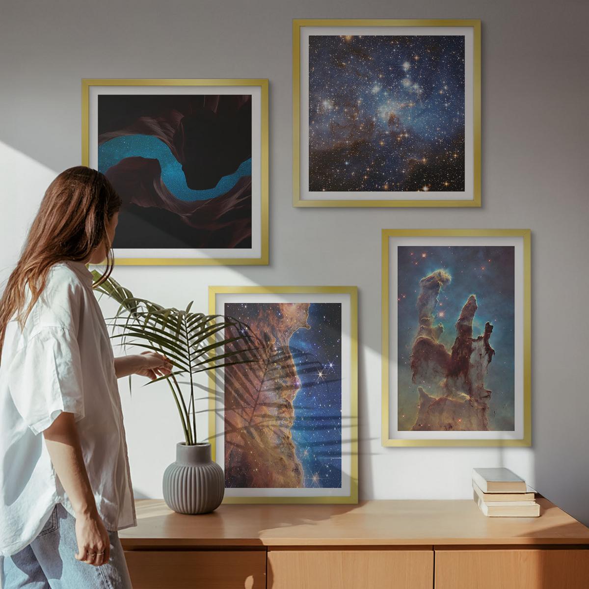 BILDER SET 4er Set - 50x50 cm & 40x60 cm Goldrahmen - Weltraumlandschaften von Galaxien - Goldfarben, Kunststoff (50/50cm) - TULUP